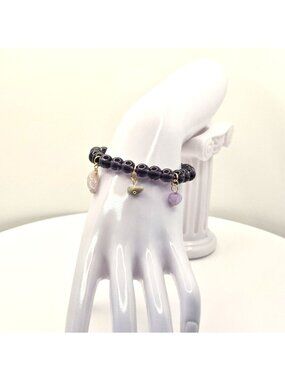 Amethyst Tone Glass Beaded Stretch Bracelet With Stone Charms Handmade Jewelry